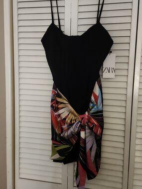 Zara Black Spaghetti-Strap Dress with Colorful Tropical Print
